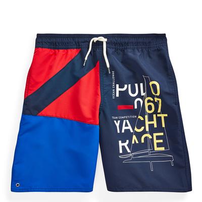 Older Boy's Navy Printed Colour Block Swimming Trunks