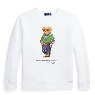 Older Boy's White Printed Teddy Logo Cotton Blend Sweatshirt