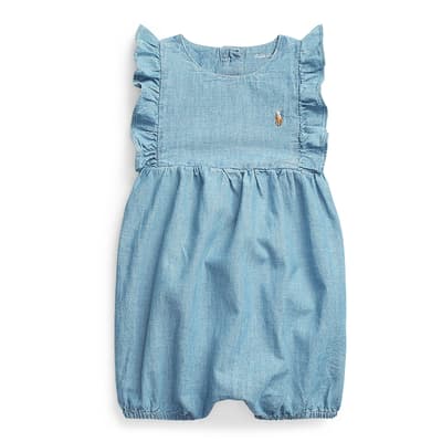 Baby Girl's Blue Chambray Ruffle Cotton Romper 
