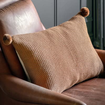 Moss Stitched PomPom Cushion Cover, Tan