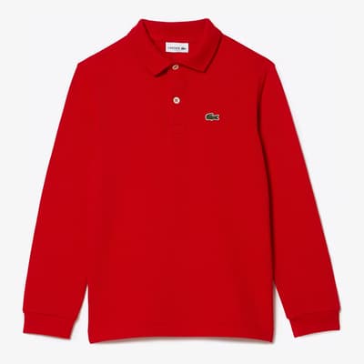 Teen Boy's Red Long Sleeve Cotton Blend Polo Shirt