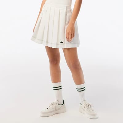 White Pleated Cotton Blend Mini Skirt