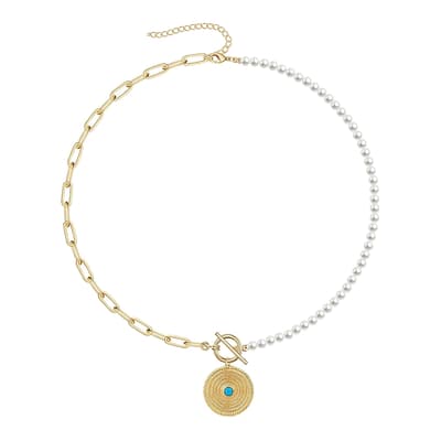 18K Gold Pearl & Chain Link Turquoise Disc Necklace