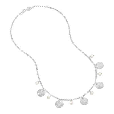 Silver White Pearl &Disc Collar Necklace