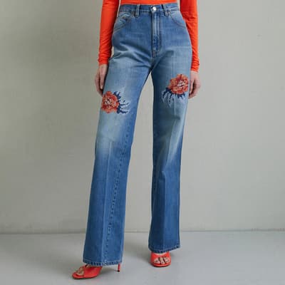 Mid Blue Wide Leg Embroidered Jeans