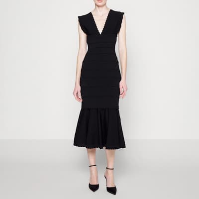Black V-Neck Frill Midi Dress