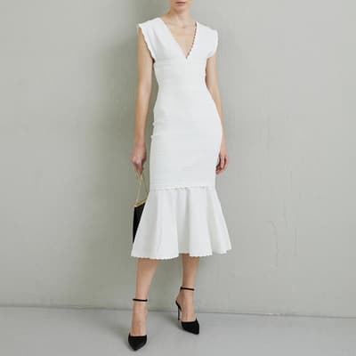 White V-Neck Frill Midi Dress