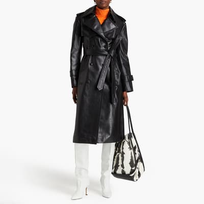 Black Double Breasted Leather Trench Coat