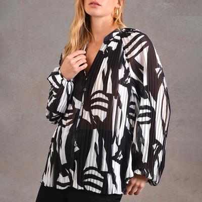 Black/White Pleated Button Blouse