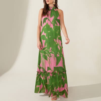 Pink/Green Printed Halter Maxi Dress