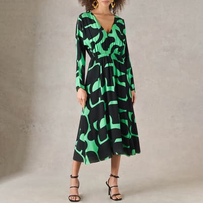 Green Abstract Print Split Midi Dress