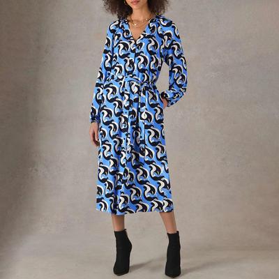 Blue Printed Shirt Midi Dress