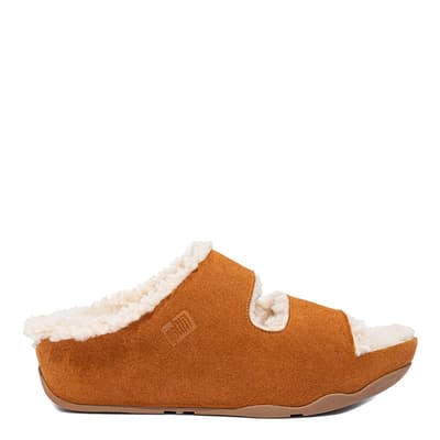 Brown Shuv Double Strap Shearling Lined Suede Slides