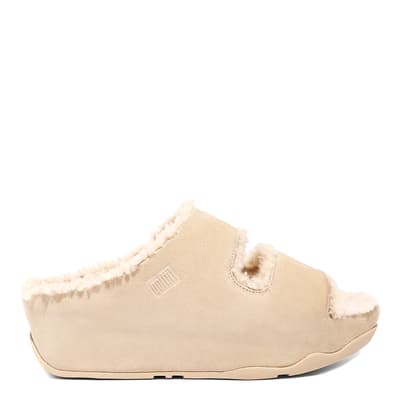 Cream Shuv Double Strap Shearling Lined Suede Slides