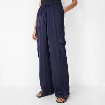 Navy Satin Cargo Wide Trousers 