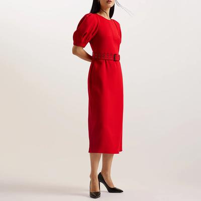 Red Gabyela Puff Sleeve Midi Dress 