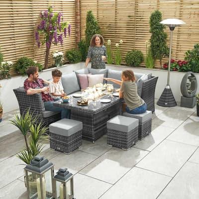 Cambridge Right Hand Rattan Corner Dining Set with Firepit & Reclining Sides - Grey