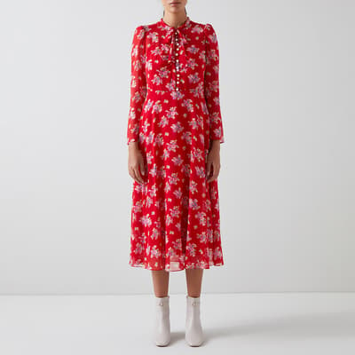Red Keira Printed Silk Midi Dress