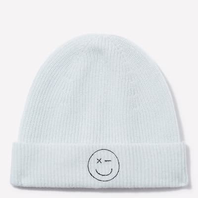 Pearl Blue Cashmere Smiley Embroidery Hat 