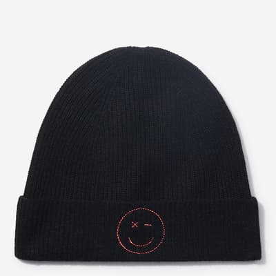 Black Cashmere Smiley Embroidery Hat