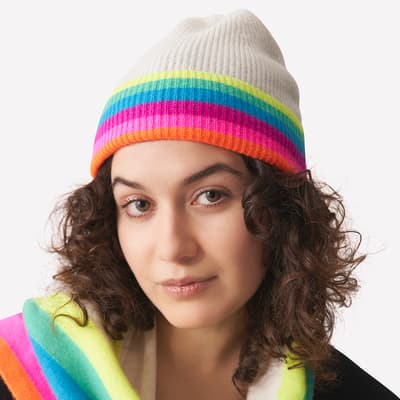 Organic White With Neon Rainbow Stripes Cashmere Hat