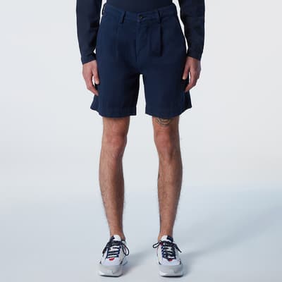 Navy Chino Cotton Pleated Shorts