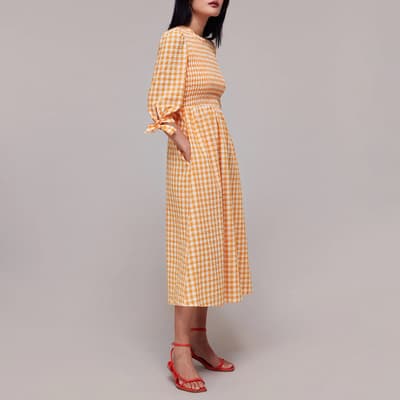 Orange Gingham Check Shirred Cotton Dress