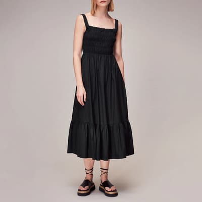 Black Greta Ruched Poplin Cotton Dress