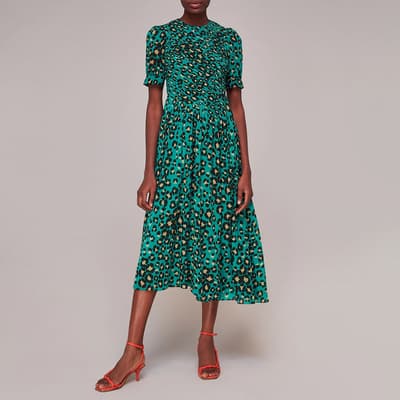 Green Painted Leopard Shirred Dress