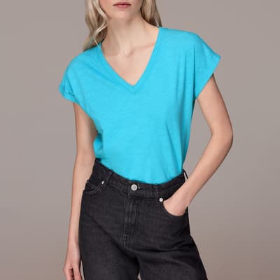 Blue Willa V-Neck Cotton T-Shirt
