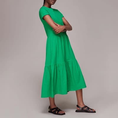 Green Tiered Cotton Midi Dress 