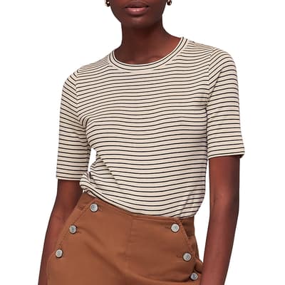 Navy/Beige Slim Stripe Cotton Blend T-Shirt 