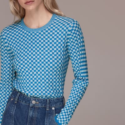 Blue Check Ribbed Knitted Cotton Blend Top