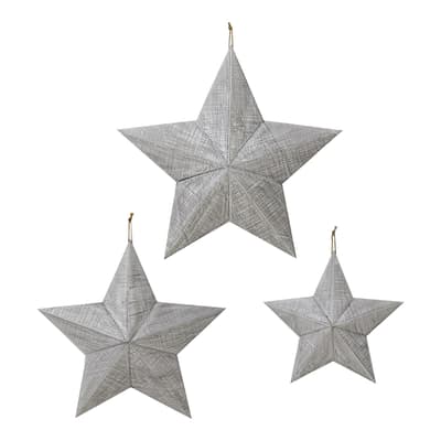 Set of Three Grey Wooden Stars