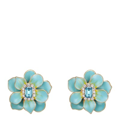 18K Gold Multi Blue Flower Enamel Statement Stud Earrings