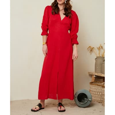 Red V-neck Linen Dress