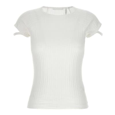 White Ribbed Cut Out Cotton T-Shirt