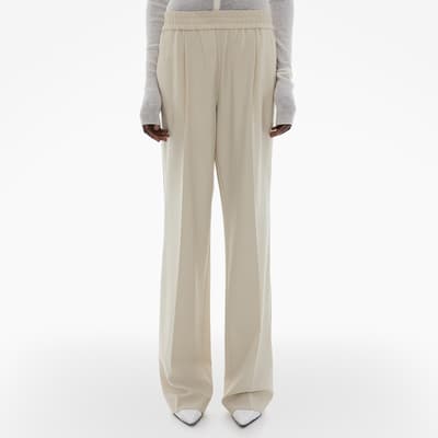Cream Logo Tapered Wool Blend Trousers