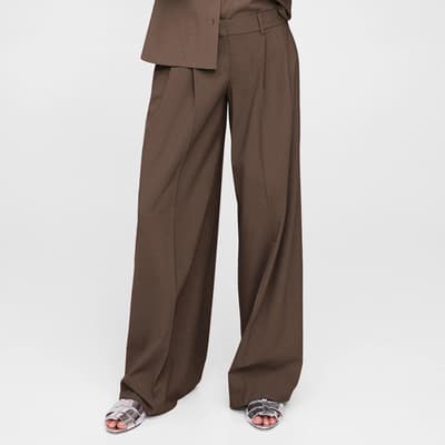 Brown Pleated Wool Blend Trousers