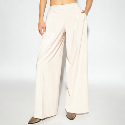 Cream Pleated Wool Blend Trousers