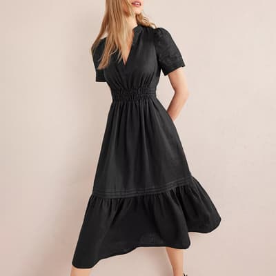 Black Pintuck Linen Midi Dress