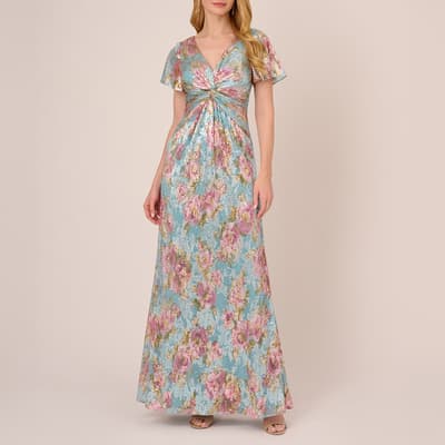 Blue and Pink Foiled Mesh Printed Gown