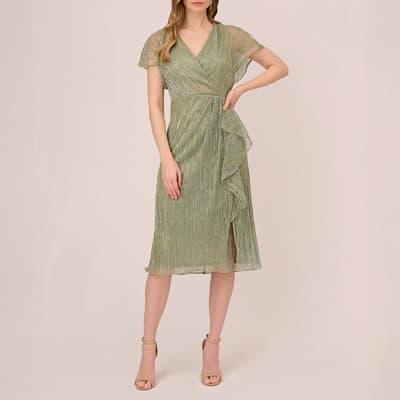 Forest Green Metallic Crinkle Midi Dress