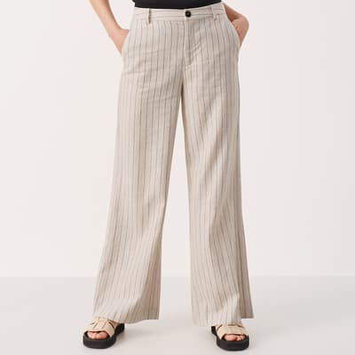 Beige Strpied Linen and Cotton Trouser