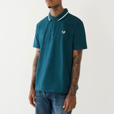 Teal Graphic Cotton Blend Polo Shirt