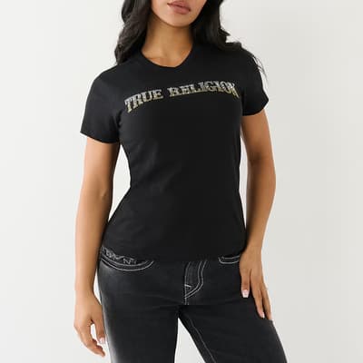 Black Embellished Arched Logo Cotton T-Shirt