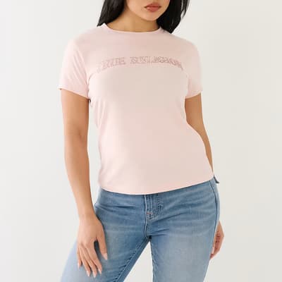 Pink Embellished Arched Logo Cotton T-Shirt