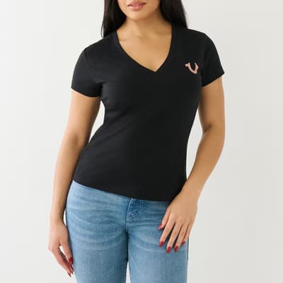 Black Embellished Back Logo Cotton T-Shirt