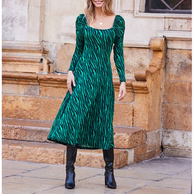Green Printed Square Neck Midi Dress