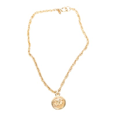 Gold Vintage CC Round Pendant Chain Necklace